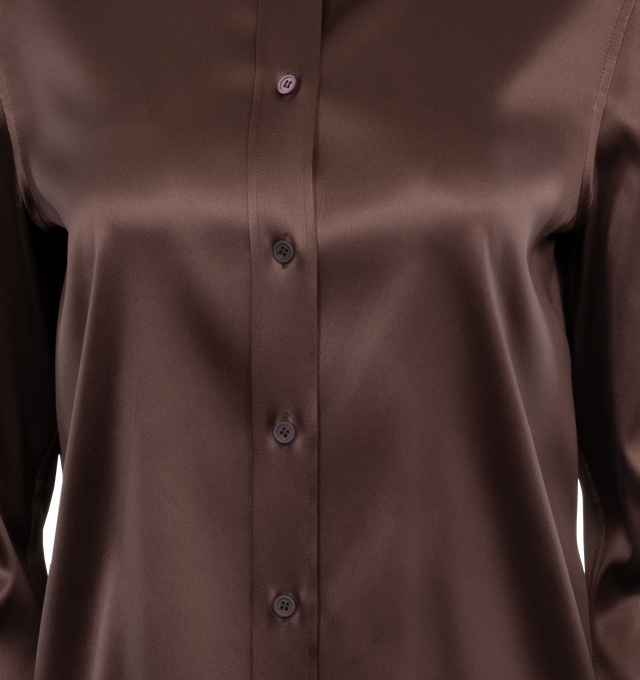 Image 3 of 3 - BROWN - LOEWE Silk Shirt featuring regular fit, regular length, contrast poplin collar, buttoned cuffs, button front fastening, LOEWE engraved mother of pearl buttons and straight hem. Silk. Made in Italy. 