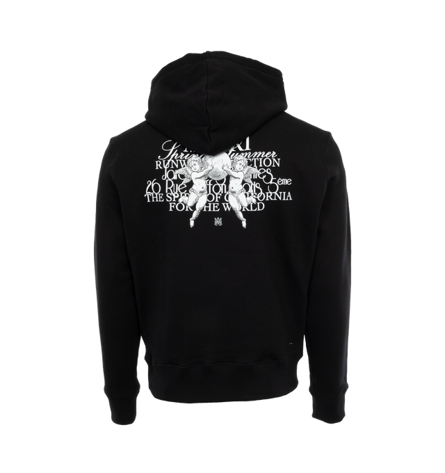 Image 2 of 4 - BLACK - AMIRI Cherub Text Hoodie featuring non-detachable hood, ribbed cuffs and hem, printed logo on front and back and kangaroo pocket. 100% cotton. Made in the USA. 