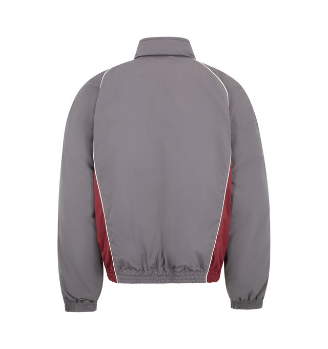 Image 3 of 4 - GREY - BALENCIAGA Reversible Tracksuit Jacket featuring cotton-like polyamide, reversible design: one smoky purple side with contrasting yokes, one plain black side, high neck, front zip closure, long sleeves, 2 zipped slash pockets on the smoky purple side, 2 snap slash pockets on the black side, elasticated cuffs and waistband and loop sports icon embroidered on chest on both side. 100% polyamide. 100% polyester. Filling: duck down. Made in Italy. 