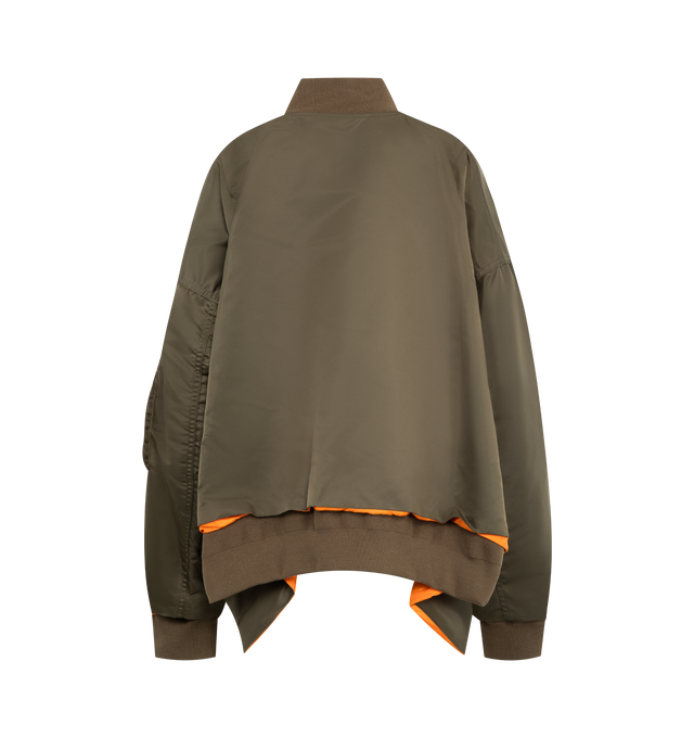 Image 2 of 3 - GREEN - SACAI Nylon Twill Jacket featuring boxy silhouette, cropped length, layered construction, zip front closure and stand collar. Nylon/polyamide/cotton/wool. 