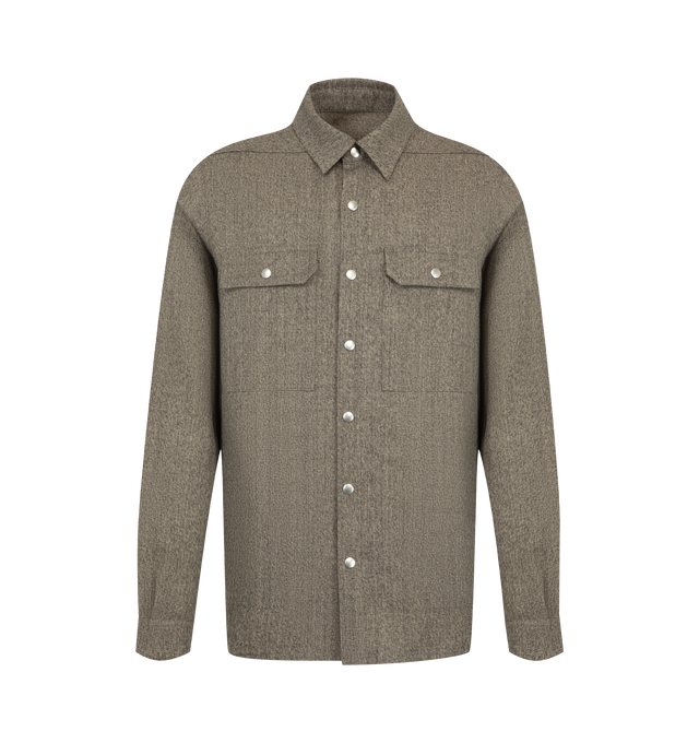 Image 1 of 2 - NEUTRAL - Rick Owens Mens Wool Overshirt is crafted from a lightweight wool material. Features a hip-length boxy fit, snap-front closure, classic shirt collar, beveled side seams, snap cuffs, double topstitching, two flap chest pockets, two internal zip pockets, signature level shoulder seams, and a cotton webbing strap with rivet detail at the back yoke. Main Material: 100% Wool. 