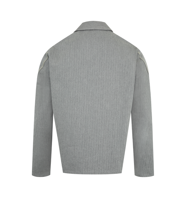 Image 2 of 3 - GREY - GIVENCHY Patch Pocket Jacket featuring herringbone denim, classic collar, contrasting GIVENCHY Paris signature embroidered on the chest, button closure, GIVENCHY engraved silvery button on top, one chest pocket and a small pocket, two front pockets and couture seams. 100% cotton. 