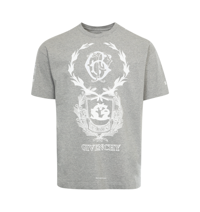 Image 1 of 3 - GREY - GIVENCHY Crest T-Shirt featuring short-sleeves, crew neck, GIVENCHY Crest emblem with mixed prints and embroideries on the front and sleeves, small 4G emblem printed on the lower back and classic fit. 100% cotton. 
