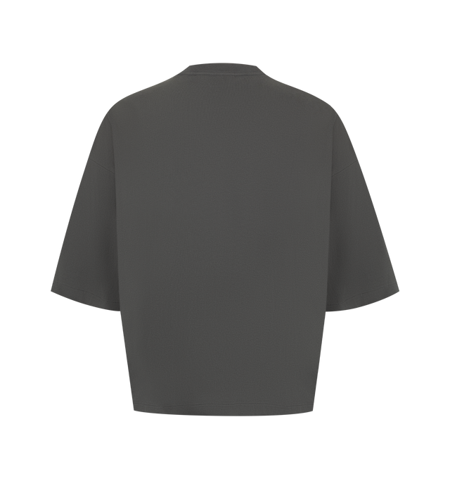 Image 2 of 2 - GREY - The Fear Of God Men's Merch Tee is crafted from 100% cotton jersey and designed in a boxy, relaxed fit with dropped shoulders and 3/4-length sleeves. Details include a rib-knit collar and Essentials signature label at the center front.  