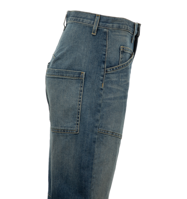 Image 3 of 4 - BLUE - NILI LOTAN Shon Jean featuring mid-rise, relaxed fit jean in Japanese stretch denim, uniquely curved silhouette, seam detail at knees, gusset at inseam, zip fly, shank closure, top-stitched front and back patch pockets and belt loops. 98% cotton, 2% polyurethane. 