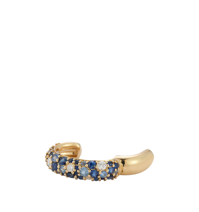 Image 3 of 3 - GOLD - Renna Women's Tidepool Ear Cuff is crafted in 18K yellow gold and features varying sizes of brilliant diamonds and sapphires arranged in a cobblestone-inspired design that reflects the natural beauty of smooth stones found in a tidepool. This designer fine jewelry ear cuff combines exceptional craftsmanship with vibrant color and timeless elegance, while a hinged closure ensures a secure and comfortable fit. Main Material: 18K Yellow Gold. Gemstones: Approximately 0.70 TCW Sapphires, 0 