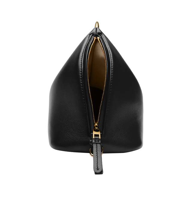 Image 5 of 5 - BLACK - JACQUEMUS Le Calino Bag featuring buffed lambskin, fixed metal carry handle, adjustable and detachable shoulder strap, welt pocket with magnetic closure at face, zip closure at side, cotton twill lining and logo-engraved gold-tone hardware. H6.5" x W12.75" x D5.5". Total height: H10". 100% lambskin. Lining: 100% cotton. Made in Italy. 