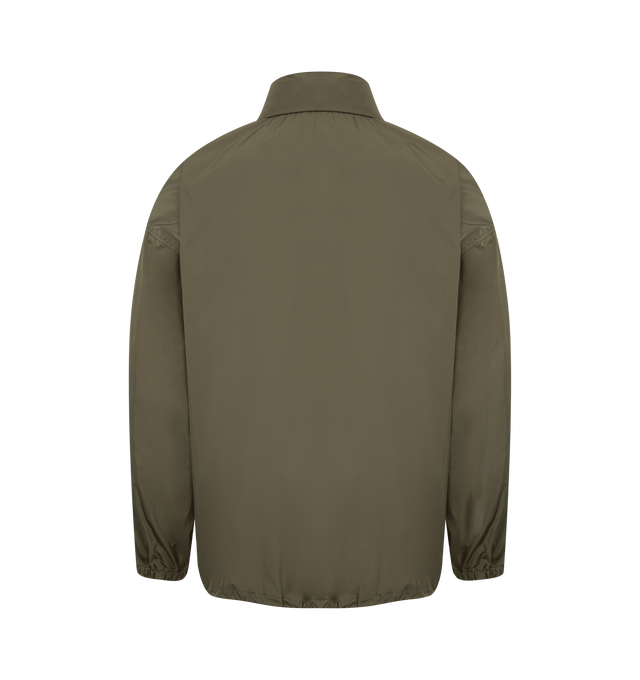 Image 2 of 4 - GREEN - SAINT LAURENT Windbreaker Jacket featuring stand collar with stowaway hood, water-repellent, zip-up closure, storm shield, drawstring hem, logo embroidery on the chest, two zip pockets at the front, elasticized cuffs, drop shoulders and drawstring hem. 100% polyester. Made in Italy. 