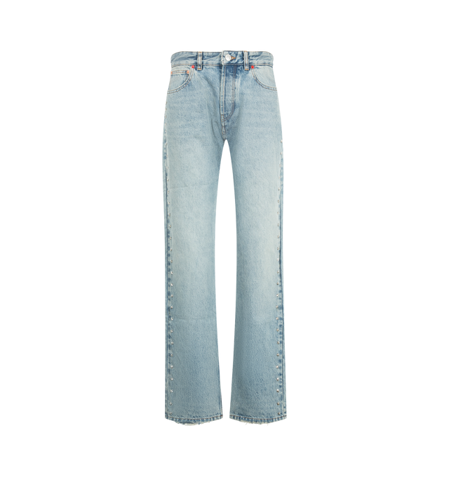 Image 1 of 3 - BLUE - Isabel Marant Women's Dayali Reg Jeans are crafted from vintage-blue cotton denim and feature a low-rise waist with a long-leg boyfriend fit. Silver-tone star studs embellish the back, coin pocket, and legs, while red contrast stitching, a signature red rivet, a studded leather jacron, and frayed hems complete the design. Finished with front scoop pockets and back patch pockets. Main Material: 100% Cotton. 