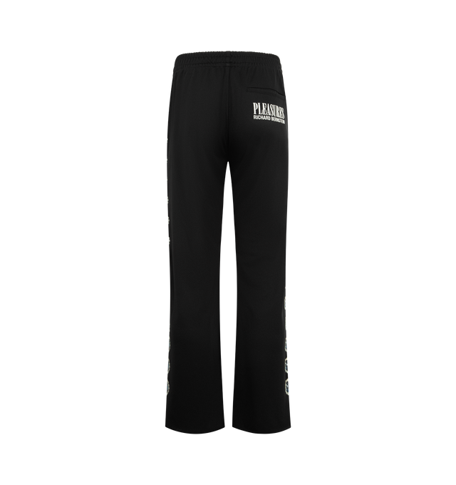 Image 2 of 4 - BLACK - PLEASURES x Richard Bernstein Mythic Hope Track Pants featuring giant jewels cascade down the legs, relaxed fit, elastic waist with internal drawcord, side-seam pockets and back patch pocket. 100% polyester. 