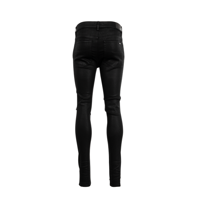 Image 2 of 3 - BLACK - AMIRI Wax MX1 Jeans featuring stretch denim, belt loops, five-pocket styling, button-fly, hand-distressed detailing at front, quilted leather patched at front, leather logo patch at back waistband, logo plaque at back pocket and logo-engraved silver-tone hardware. 92% cotton, 6% elastomultiester, 2% elastane. Made in United States. 