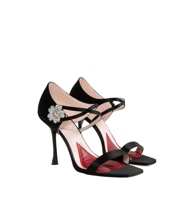 Image 2 of 4 - BLACK - ROGER VIVIER I Love Vivier Daisy Satin Sandals featuring crystal-embellished daisy buckle accent, open toe, adjustable ankle strap and leather outsole. 100MM stiletto heel. Satin. Lining: leather. Made in Italy. 