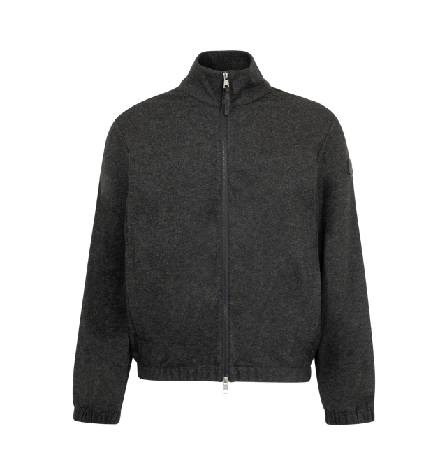 Image 1 of 1 - GREY - Moncler Men's Logo Zip-Up Cardigan is inspired by workwear silhouettes and combines a relaxed attitude with a refined finish. Designed with a zip-front closure, this elevated casual style is finished with a leather logo detail for a signature touch. Main Material: 30% Cotton, 29% Polyester, 24% Polyamide / Nylon, 12% Wool, 5% Elastane / Spandex . Logo Tags: Leather. 