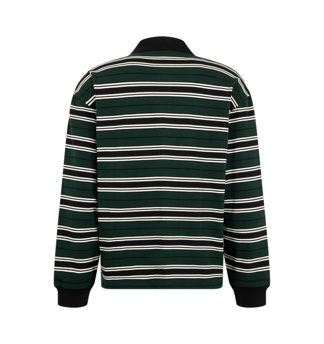 Image 2 of 2 - GREEN - Carhartt WIP Men's Devitt Rugby Shirt is crafted from midweight yarn-dyed cotton jersey and features allover barcode stripes, a loose fit, and graphic embroidery at the chest. Designed with a flat-knit collar, flat-knit cuffs, and a buttoned half-placket, this long-sleeve rugby shirt combines classic sportswear detailing with contemporary graphic elements. Main Material: 100% Cotton. 
