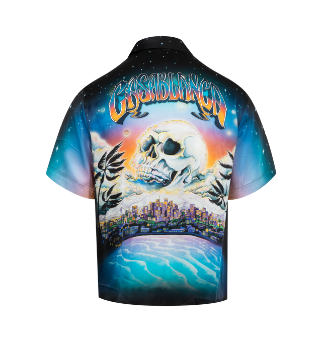 Image 2 of 2 - MULTI - CASABLANCA Cuban Collar Shirt featuring an intricate skull and UFO artwork motif, cuban collar, concealed front button closure, short-sleeves and chest patch pocket. 100% silk. Made in Italy. 