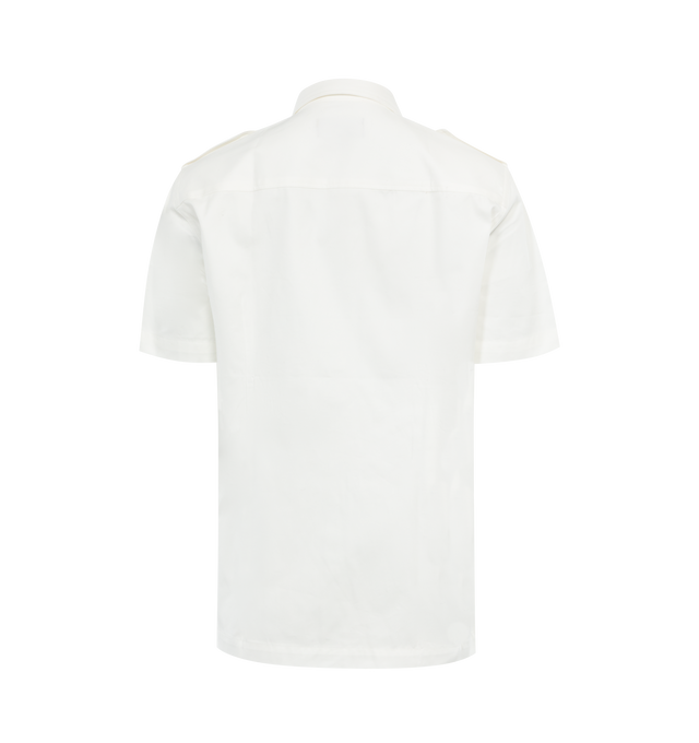 Image 2 of 2 - WHITE - NILI LOTAN Natalie Shirt featuring straight short sleeve button down, center front placket, front flap pockets and epaulettes, logo buttons, back darts and slit side details. 100% cotton. 