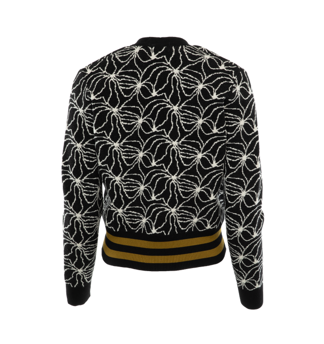 Image 2 of 3 - BLACK - DRIES VAN NOTEN Knit Cardigan featuring abstract jacquard motif, striped details hem, cropped, v neckline and button front closure. 44% viscose, 38% merino wool, 18% polyester. 