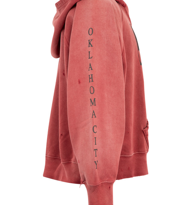 Image 3 of 4 - RED - Enfants Riches Deprimes Oklahoma City Church hooded raglan sweatshirt crafted from medium weight brushed French terry. Featuring a classic vintage fit, attached "after" hood at neck opening, rib knit cuffs and waist, vintage wash process and distressing throughout, and printed artwork at the front. Made in USA. 