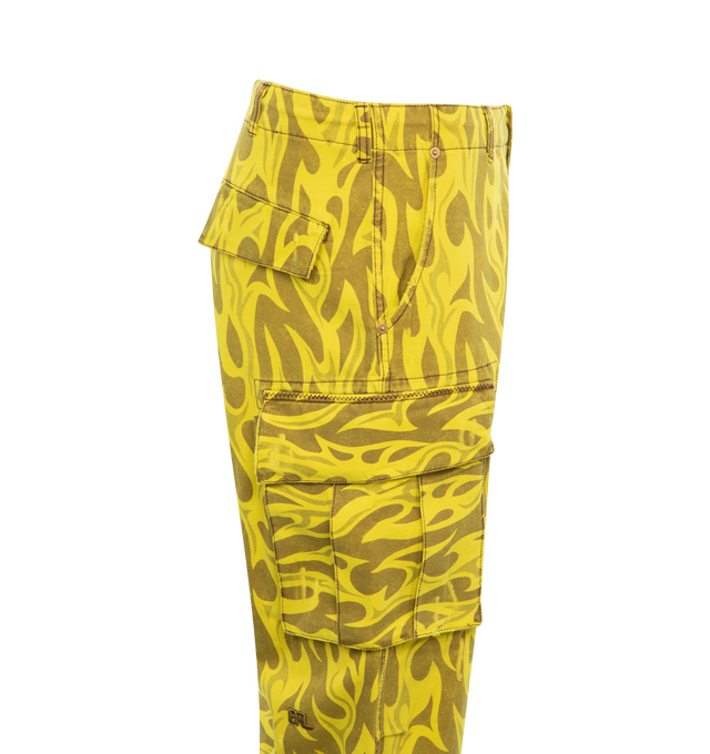 Image 3 of 3 - YELLOW - ERL Printed Cargo Pants featuring subtle distressing and graphic pattern printed throughout, belt loops and concealed drawstring at waistband, four-pocket styling, zip-fly, drawstring at cuffs, cargo pocket at outseams and logo embroidered at back leg. 100% cotton. Made in Portugal. 