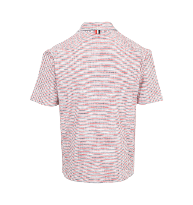 Image 2 of 2 - RED - Thom Browne Men's elevated cotton tweed shirt featuring front button closure, name tag applique, dropped back hem with signature striped grosgrain trim. 100% Cotton. Made in Italy. 