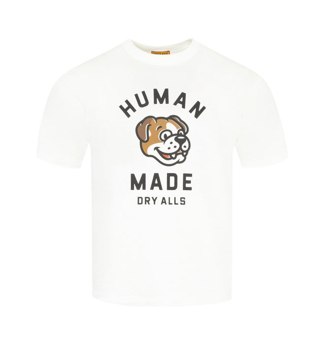 Image 1 of 2 - WHITE - HUMAN MADE Graphic T-Shirt featuring rounded body with no seams, double binder neck design for extra durability, bulldog graphic on the front and single heart logo on the back. 100% cotton. Made in Japan. 