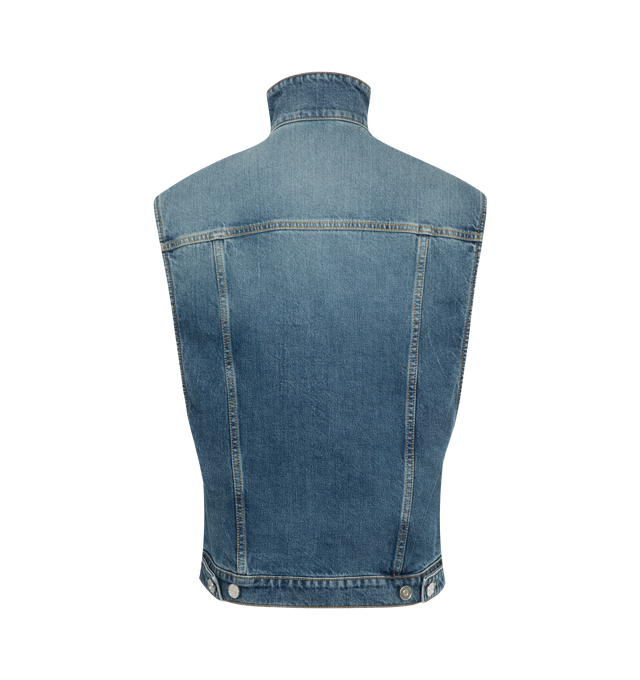 Image 2 of 2 - BLUE - Alaa Faded blue denim vest in a relaxed fit featuring high neck, defined waist, contrasting topstitching, metal buttons. Made in Italy. 99% cotton, 1% polyurethane.  