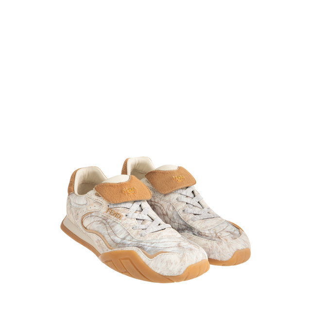 Image 2 of 5 - NEUTRAL - FENDI Wave Pulse Sneaker featuring low-tops, lace-up, made of technical fabric with a white graphic print an beige suede inserts, cavallino calfskin fold-over tongue and heel counter, three-dimensional rubber logo on the side, gold metal Fendi logo on the tongue, rubber running sole with wraparound edge on the side and diagonal F motif. 100% calfskin, 100% polyamide, inside: 100% lamb leather. Made in Italy. 