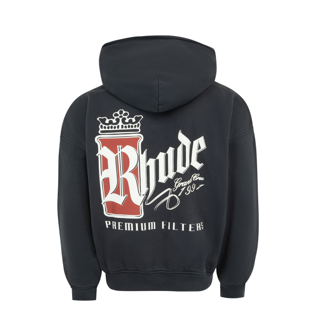Image 2 of 2 - BLACK - RHUDE Fumar 91 Hoodie featuring logo print at the chest, graphic print to the rear, classic hood, long sleeves, ribbed hem and cuffs and kangaroo pocket. 100% cotton. 