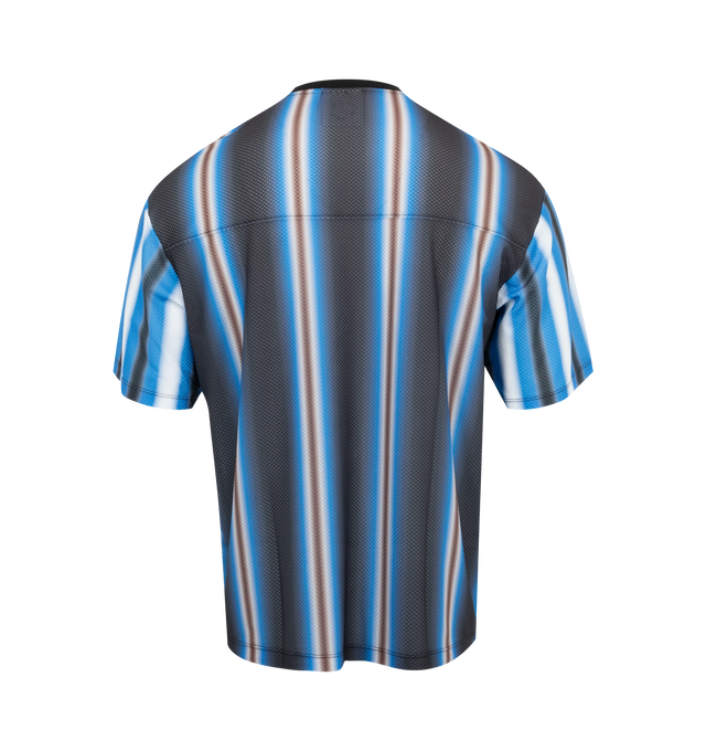 Image 2 of 2 - BLUE - LE PERE LPFC Mesh Tee featuring boxy soccer jersey, Italian mesh fabric, slightly digitally distorted stripes in complementary shades, custom illustrations of LP corporate sponsors, a sporting provenance at the bottom hem, and a back yoke. 77% polyester, 23% elastane. 