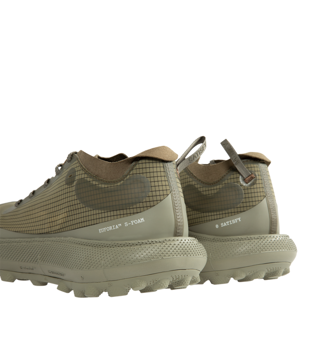 Image 3 of 5 - GREEN - Satisfy TheROCKER Running Shoes are engineered for long-distance comfort and traction. The silhouette delivers responsive cushioning, confident grip, and stability across mixed terrain. Designed with textured laces for reduced slip, and two interchangeable insoles, including 3mm and 5mm options, the shoe allows for a customized fit and feel. Main Material: Upper: Rippy 66 Monomesh: 100% PES. Midsole: Euforia Super Foam: 100% PEBA/EVA Blend. Outsole: TuneLug with Vibram MegaGrip Liteba 
