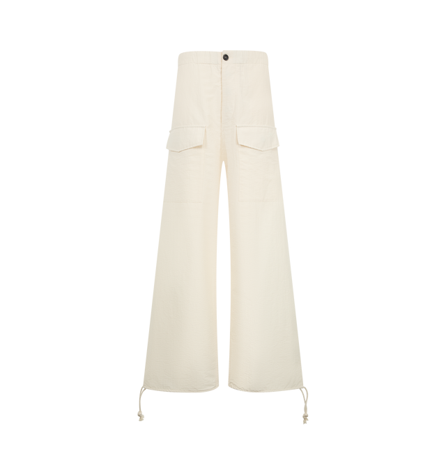 Image 1 of 3 - NEUTRAL - JW Anderson Women's Parachute Track Pants in ivory textured cotton nylon. Inspired by vintage Swedish utility trousers, in a relaxed fit. A wide leg silhouette with ties at the bottom, features leg pockets with concealed fastenings. Finished with a horn button fly and logo embroidery details. Composition 89% Cotton; 11% Polyamide. Made in Italy. 