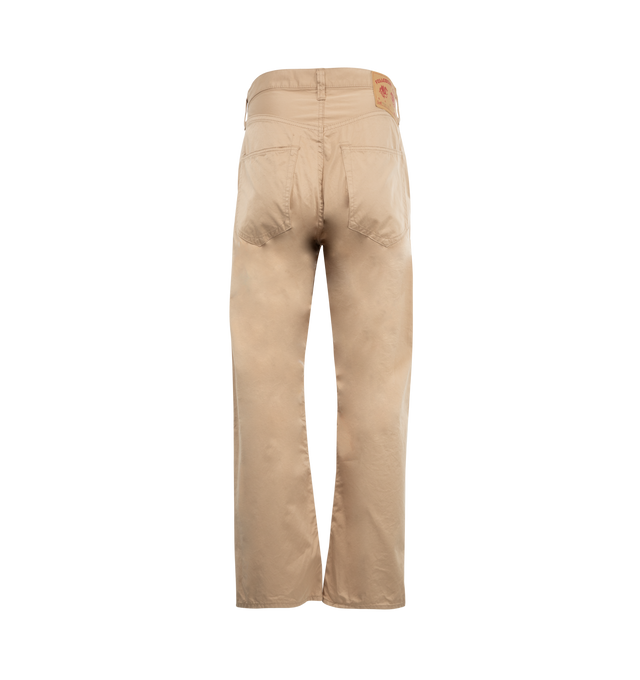Image 2 of 3 - BROWN - FULLCOUNT Duke Burberry Twill Pant featuring a glossy finish, high water repellency, high rise, wide leg, button fly, two front slash pockets, enlarged single stitch back pockets and concealed back copper rivets. 100% cotton. 