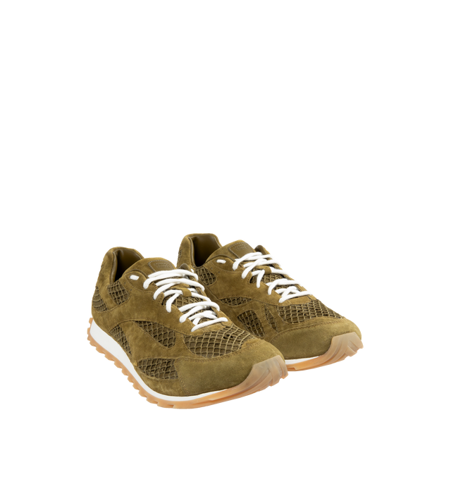 Image 2 of 5 - GREEN - BOTTEGA VENETA Orbit Calfskin Sneaker featuring weathered suede and lightweight technical mesh, lace-up, suede calfksin and rubber outsole. 