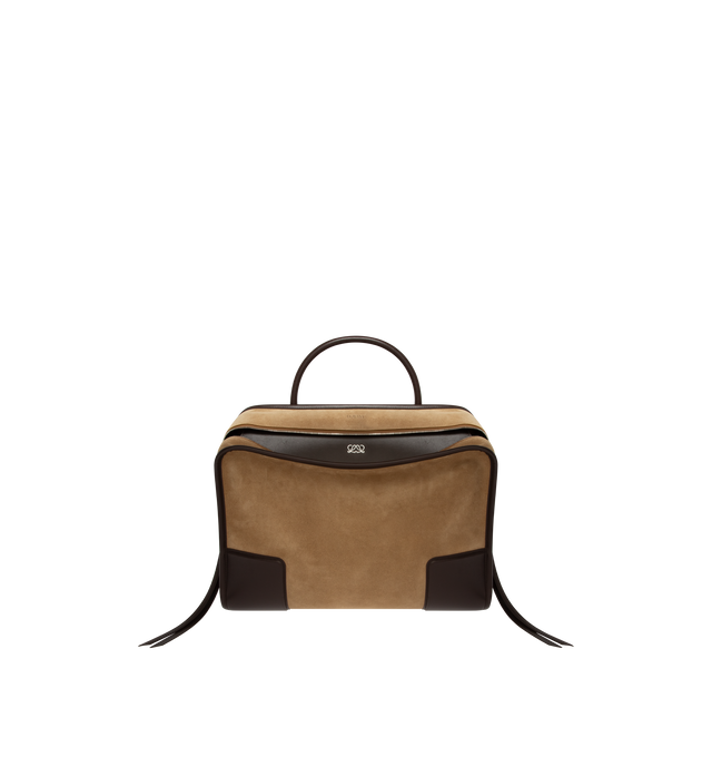 Image 2 of 5 - BROWN - Loewe Mens Amazona 180 XL Bag is crafted from suede with soft calfskin details. Features a relaxed silhouette, single toron top handle, removable shoulder handle, adjustable crossbody strap, zip closure with two leather pullers, two compartments with concealed magnetic closure, interior flat pocket, side D-ring, suede and nappa lambskin lining, palladium-tone hardware, and embossed LOEWE and Double L branding. Dimensions: 40  31  16 cm; Strap Length: 105133 cm; Strap Drop: 4761 cm; Ha 