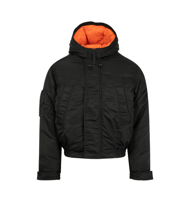 Image 1 of 3 - GREEN - Canada Goose Men's Windrow Bomber is crafted from durable recycled poly twill and features an intentionally oversized, hip-length silhouette designed for flexible all-season wear. Filled with 750 fill power responsibly sourced down, this bomber is equipped with an adjustable hood, concealed snap placket over a front zip closure, rib-knit cuffs and hem, and adjustable snap cuffs to help retain warmth. Functional details include a bicep pocket on the right sleeve, two exterior welt pock 