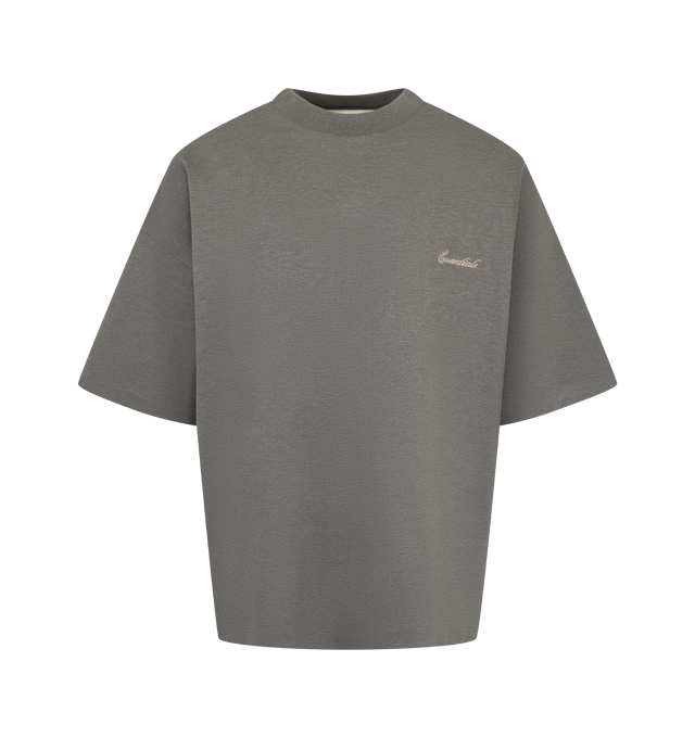 Image 1 of 2 - GREY - Fear of God ESSENTIALS Men's Signature 90s Relaxed Tee is crafted from a medium-weight cotton-blend pique knit and features an oversized 90s-inspired silhouette with dropped shoulders and relaxed proportions. Designed with minimalist branding, this elevated everyday essential is finished with an embroidered signature logo at the front, a rib-knit crew neckline, and a signature label at the back collar. Main Material: 80% Cotton, 20% Polyester, 265 GSM.  
