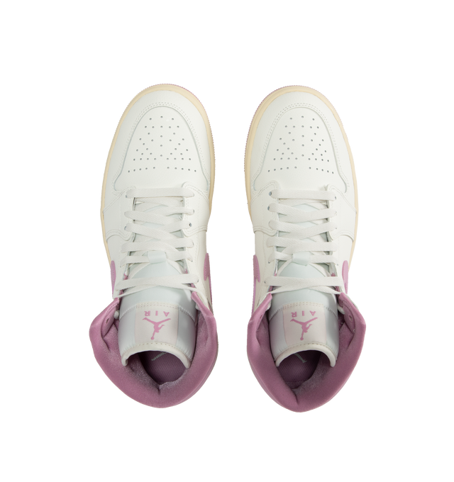 Image 5 of 5 -  PINK - JORDAN Air Jordan 1 Mid-top lace-up sneakers featuring premium leather and synthetic upper provides durability, comfort and support. Air-Sole unit in the heel delivers signature cushioning. Rubber outsole offers traction on a variety of surfaces. 