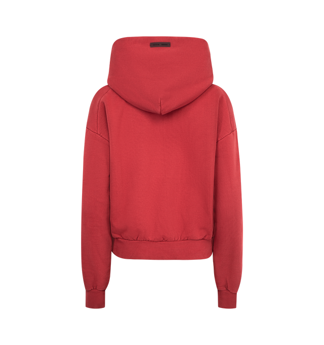 Image 2 of 3 - RED - FEAR OF GOD ESSENTIALS Classic Hoodie featuring front kangaroo pocket, cotton fleece fabric. cropped fit and logo on front and sleeve. 100% cotton. 