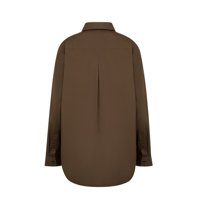 Image 2 of 2 - BROWN - TOTEME Classic Shirt featuring buttoned placket and cuffs, a long, relaxed shape finished with an inverted box pleat meticulously secured with a subtle T-stitch. 100% cotton organic. 