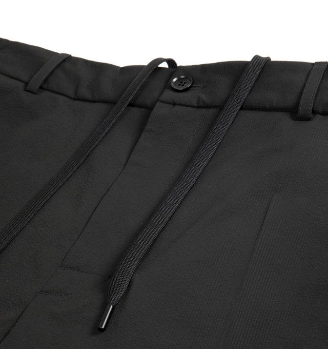 Image 2 of 3 - BLACK - MONCLER Seersucker Shorts featuring adjustable waistband, zipper and button closure, back pocket and leather logo patch. 100% polyester. Made in Romania. 