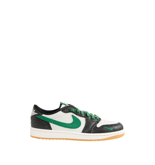 Image 1 of 5 - GREEN - Men's Air Jordan 1 Retro Low OG "Phantom and Pine Green" Sneakers feature a genuine leather upper with the iconic low-top silhouette for a timeless heritage look. These lifestyle sneakers combine encapsulated Air-Sole cushioning with a durable rubber outsole for lightweight comfort, lasting support, and reliable traction. Main Material: Genuine Leather. Midsole: Encapsulated Air-Sole Unit. Sole: Rubber. 