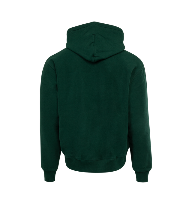 Image 2 of 2 - GREEN - Burberry  Men's ivy green cotton hoodie decorated with Equestrian Knight Motif patch at the hem. Featuring drawstring hood, front pouch pocket, drop shoulder, long sleeves, straight hem and ribbed trim. 100% cotton. 