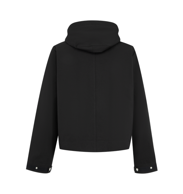 Image 2 of 4 - BLACK - Thom Browne Mens Polytech Mariner Jacket is crafted from a hard finish polyester technical material. Features a button-front closure with signature RWB detailing,  flap chest pocket, cuffs, stepped hem, name tag appliqu, and signature striped grosgrain loop tab. Main Material: 100% Polyamide. Made in Italy. 