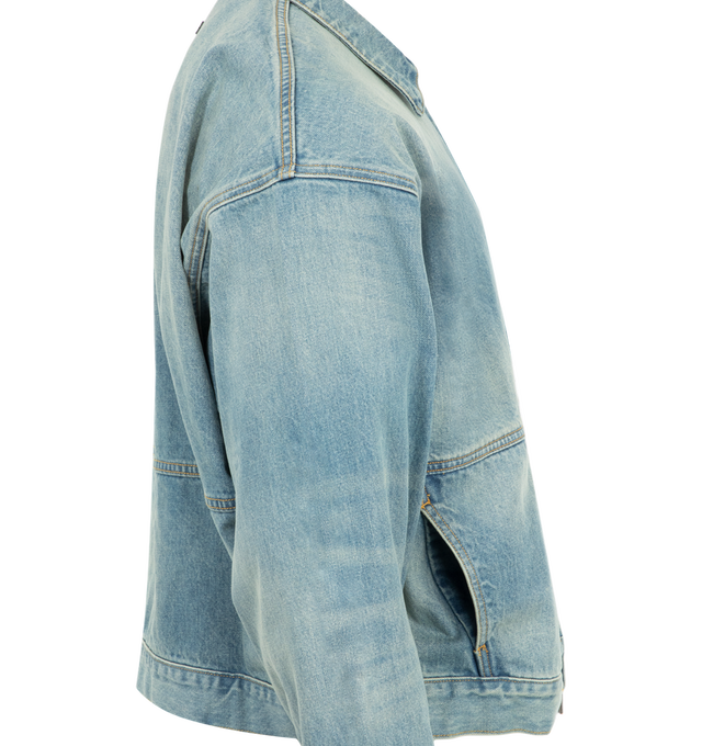 Image 3 of 3 - BLUE - Fear of God Essential Men's Denim Trucker jacket with two-way front-zip closure, spread collar, button cuffs, side-seam pockets. 100% cotton. 