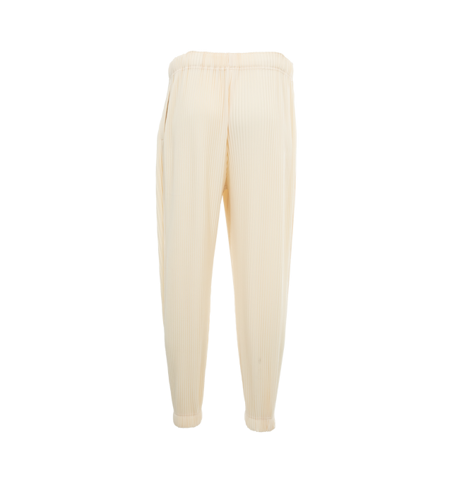 Image 2 of 4 - WHITE - ISSEY MIYAKE Pants featuring elastic waist and hem, two side slit pockets and pleats throughtout. 100% polyester. 