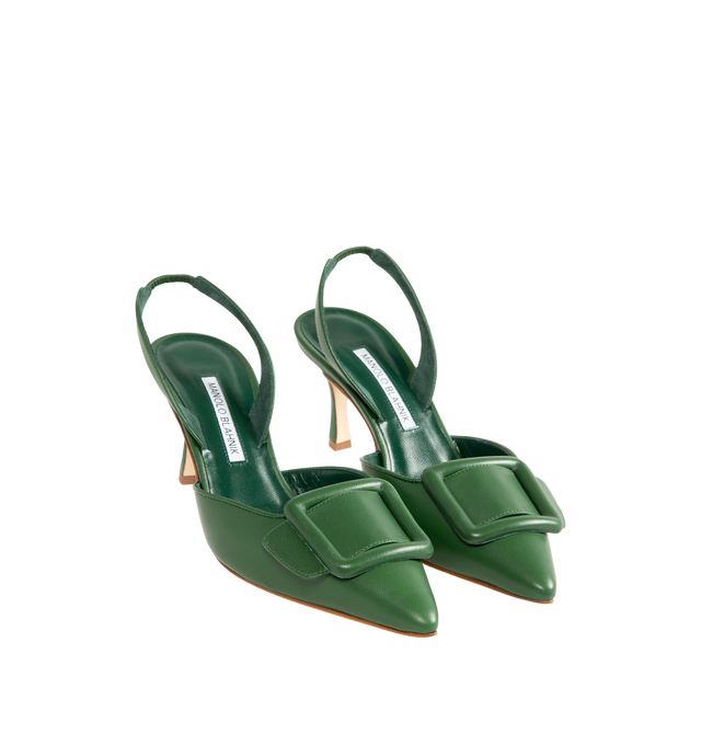 Image 2 of 4 - GREEN - Manolo Blahnik Women's Maysli slingback pumps featuring pointed toe, decorative buckle detail, elasticated slingback strap and stiletto mid 70mm heel. Upper: 100% leather. Sole: 100% leather. Lining: 100% goat skin. Made in Italy. 