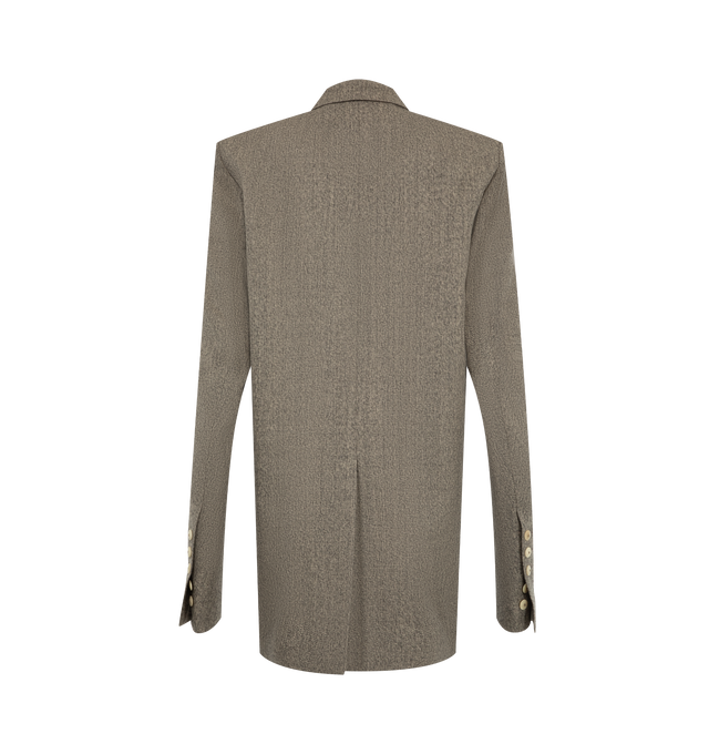 Image 2 of 2 - NEUTRAL - Rick Owens Women's Concordian Jacket is crafted from black melange Bishu wool and features a below-hip tailored silhouette with classic sloping shoulders and a slim lapel. Designed with a double-button closure, lower front jet pockets, five-button cuffs, a back vent, and two internal buttoned pockets for a refined interpretation of classic tailoring. Main Material: 100% Wool. Lining: 100% Cupro. Buttons: 100% Buffalo Horn. 