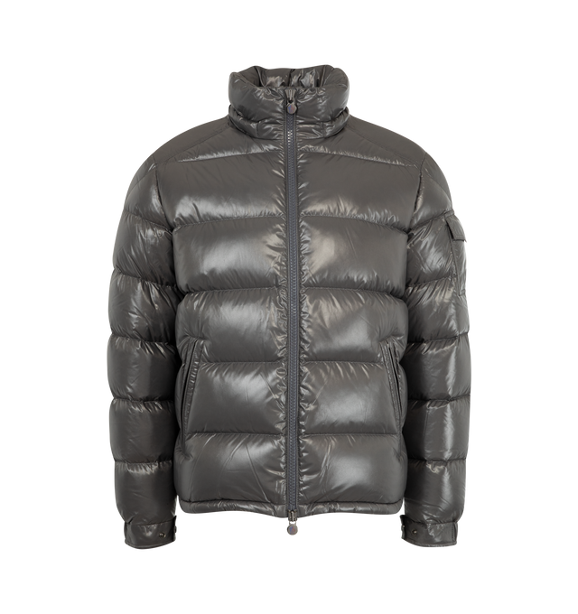 Image 4 of 4 - GREY - MONCLER Maya Jacket featuring nylon laqu lining, down-filled with boudin quilting, detachable hood with snap buttons, adjustable with drawstring fastening, two-way zipper closure, zipped pockets, adjustable, elasticized cuffs with snap buttons, hem with drawstring fastening, flap patch pocket on sleeve and felt Moncler logo on sleeve. 100% polyamide/nylon. Padding: 90% down, 10% feather. 