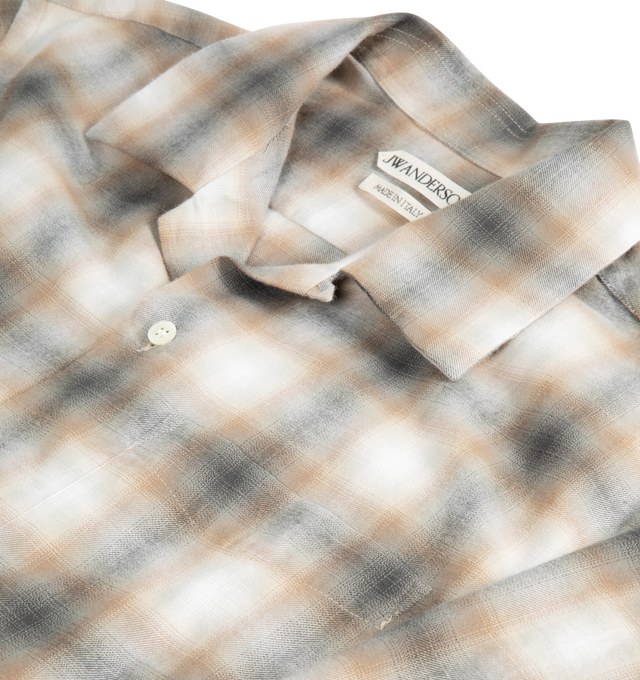 Image 2 of 2 - BROWN - JW ANDERSON Check Shirt featuring exposed button fastening at front, camp collar, buttoned cuffs, regular fit, V-neck, long sleeves, patch pocket at front, straight yoke at back, all-over check print and all-over flannel texture. 100% cotton. Made in Italy. 