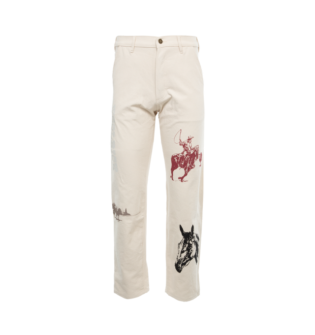 WHITE - ONE OF THESE DAYS X WOOLRICH Workwear Pant featuring zip button fly, five-pocket design, belt loops, straight leg and screen-printed logo branding. 100% cotton canvas.